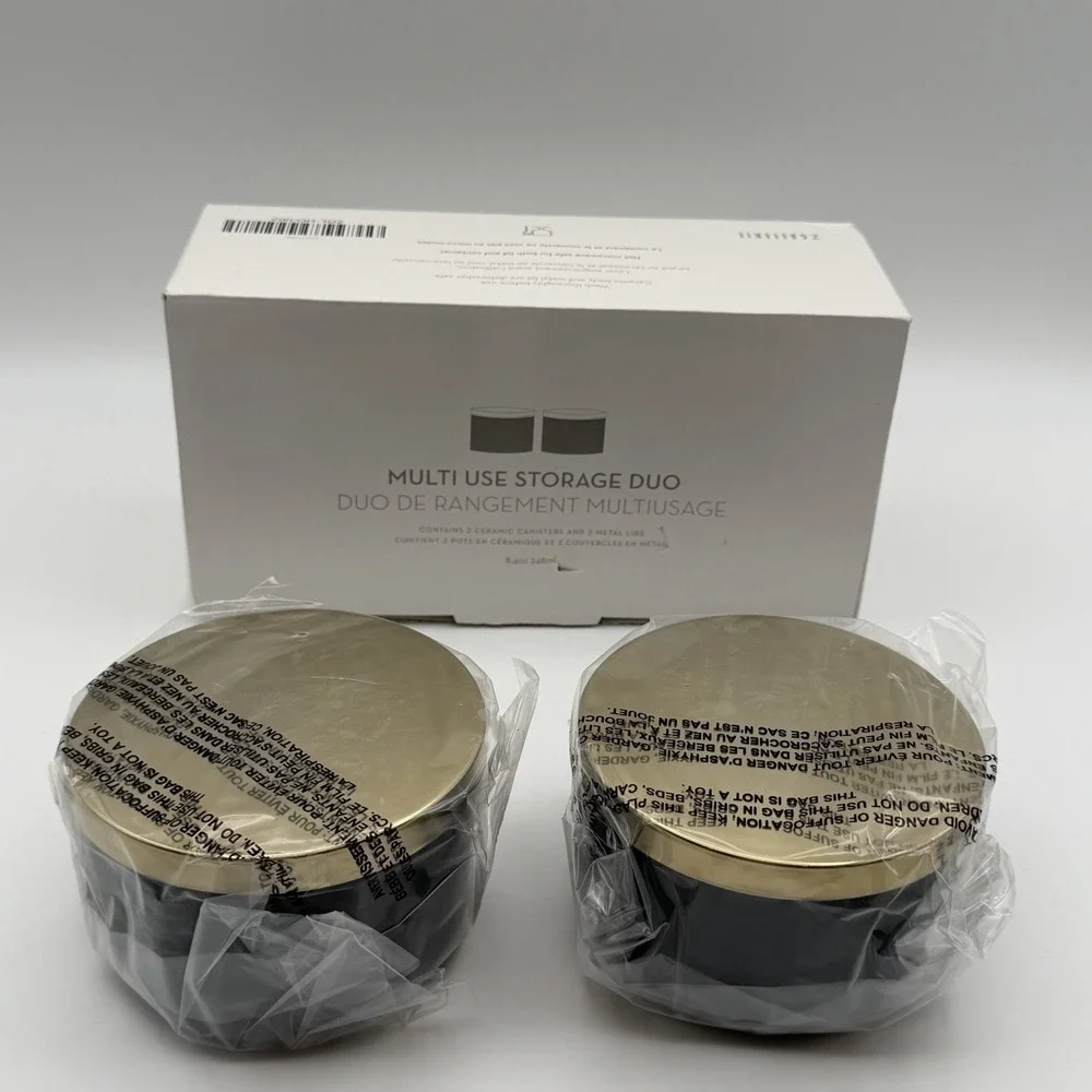 Z Gallerie Multi Use Storage Duo Set of 2 Ceramic Canisters Gold Metal Lids